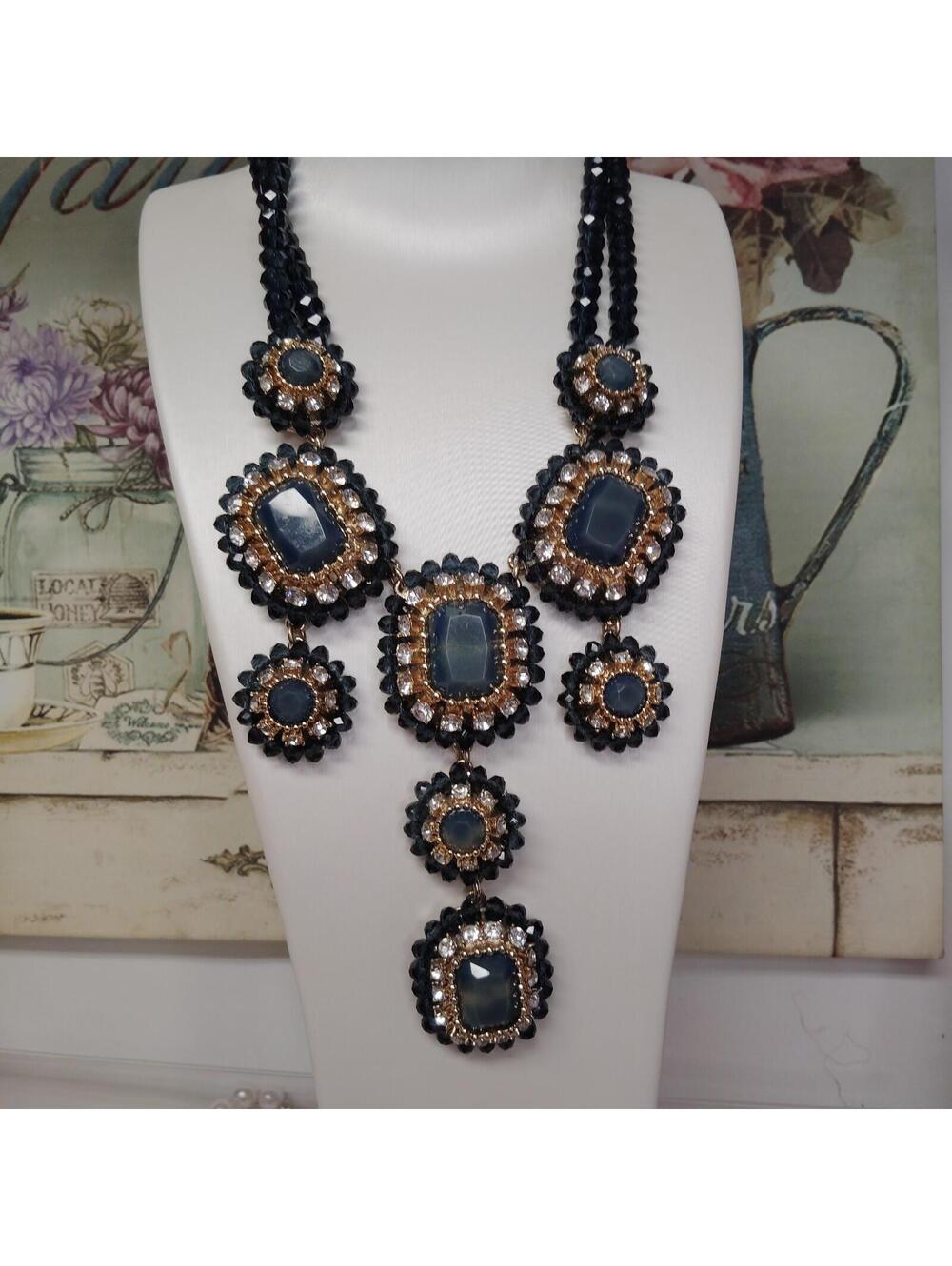 Large Banana Republic London Blue Crystal Beaded Statement Bib Necklace